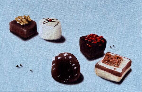 Pralinen, Öl/Leinwand, 30 x 21 cm, 2025