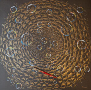 Künstlerische Zeichnung eines spiralförmigen Geflechts aus hunderten röhrenartigen Strukturen, die sich trichterförmig nach innen verdichten, überlagert von schwebenden Seifenblasen auf dunklem Hintergrund