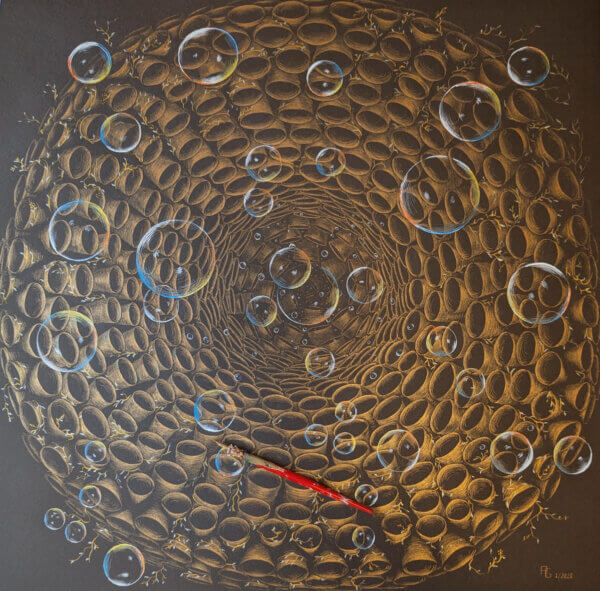 Künstlerische Zeichnung eines spiralförmigen Geflechts aus hunderten röhrenartigen Strukturen, die sich trichterförmig nach innen verdichten, überlagert von schwebenden Seifenblasen auf dunklem Hintergrund
