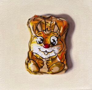 Schokoladenhase gelb, Öl/Leinwand, 20 x 20 cm, 2025