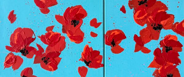 Blüten, rot+blau, Acryl/Leinwand, 70 x 30 cm, 2026