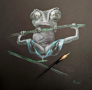 Frosch, Chamäleon hängt am Ast und verliert dabei seine Sporthose