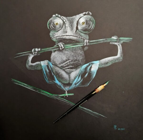 Frosch, Chamäleon hängt am Ast und verliert dabei seine Sporthose