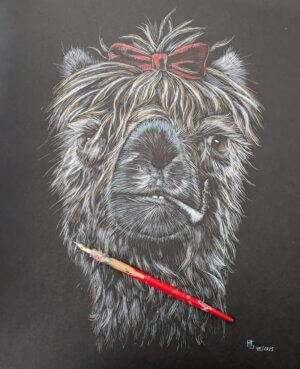 Lama mit Zigarette im Mund und roter Schleife im Haar