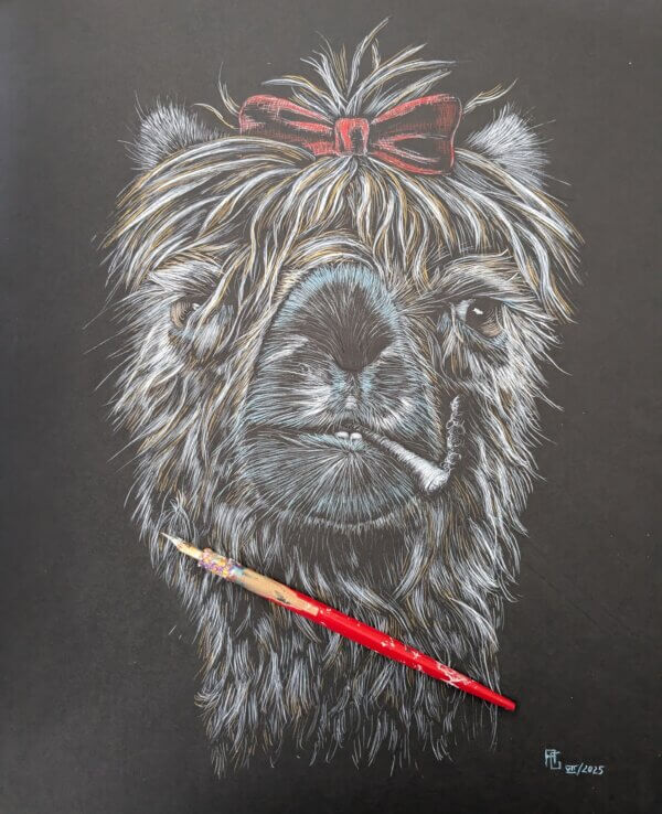 Lama mit Zigarette im Mund und roter Schleife im Haar